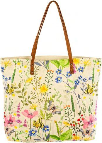 COTT N CURLS Wildflowers Floral Tote Bag for Women - 26x20 Flower Purses for Women, Watercolor Printed Canvas and Leather, Casual Summer Purse, Summer Handbags, Cute Gifts for Mom, Sister, Friend in Saudi Arabia
