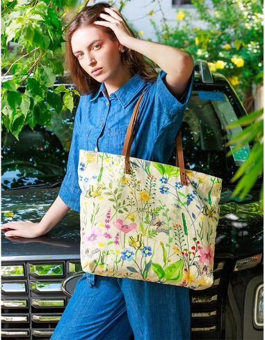 COTT N CURLS Wildflowers Floral Tote Bag for Women - 26x20 Flower Purses for Women, Watercolor Printed Canvas and Leather, Casual Summer Purse, Summer Handbags, Cute Gifts for Mom, Sister, Friend in Saudi Arabia