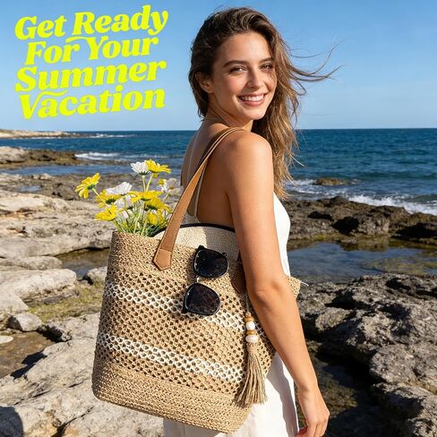 Straw Beach Tote Bag Women - 2026 Handwoven Summer Purse Handbag with Zipper Perfect for Vacation Travel Pool | Large Roomy in Saudi Arabia