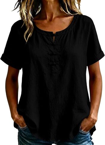 هينلي طوق قميص كتان للنساء أزرار الضفدع Crewneck بلوزات الرجعية الصيف عادية فضفاض عطلة القطن الشاش بلوزة in Kuwait