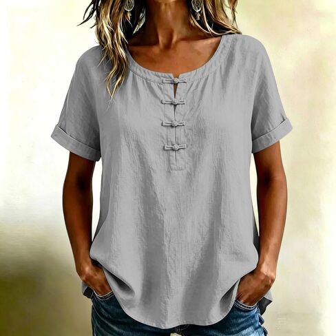 هينلي طوق قميص كتان للنساء أزرار الضفدع Crewneck بلوزات الرجعية الصيف عادية فضفاض عطلة القطن الشاش بلوزة in Kuwait