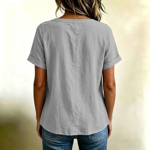 هينلي طوق قميص كتان للنساء أزرار الضفدع Crewneck بلوزات الرجعية الصيف عادية فضفاض عطلة القطن الشاش بلوزة in Kuwait