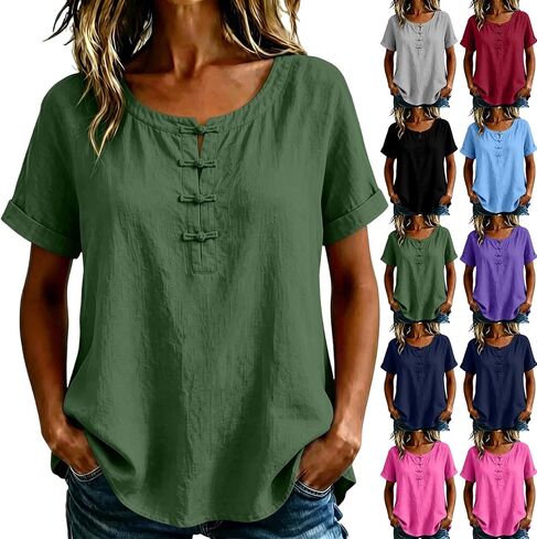 هينلي طوق قميص كتان للنساء أزرار الضفدع Crewneck بلوزات الرجعية الصيف عادية فضفاض عطلة القطن الشاش بلوزة in Kuwait