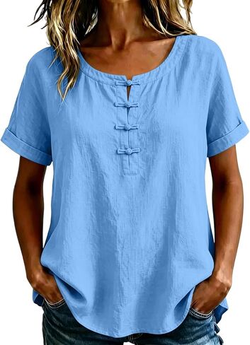 هينلي طوق قميص كتان للنساء أزرار الضفدع Crewneck بلوزات الرجعية الصيف عادية فضفاض عطلة القطن الشاش بلوزة in Kuwait