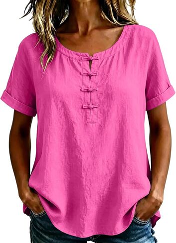 هينلي طوق قميص كتان للنساء أزرار الضفدع Crewneck بلوزات الرجعية الصيف عادية فضفاض عطلة القطن الشاش بلوزة in Kuwait