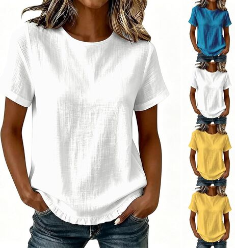 بلوزات الصيف النسائية الكتان العصرية 2026 قمصان الشاش بلوزة قصيرة الأكمام Crewneck تنفس قمصان الشاطئ عطلة تيز in Kuwait