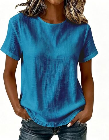 بلوزات الصيف النسائية الكتان العصرية 2026 قمصان الشاش بلوزة قصيرة الأكمام Crewneck تنفس قمصان الشاطئ عطلة تيز in Kuwait