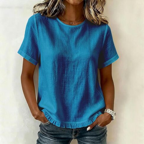 بلوزات الصيف النسائية الكتان العصرية 2026 قمصان الشاش بلوزة قصيرة الأكمام Crewneck تنفس قمصان الشاطئ عطلة تيز in Kuwait