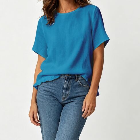 بلوزات الصيف النسائية الكتان العصرية 2026 قمصان الشاش بلوزة قصيرة الأكمام Crewneck تنفس قمصان الشاطئ عطلة تيز in Kuwait