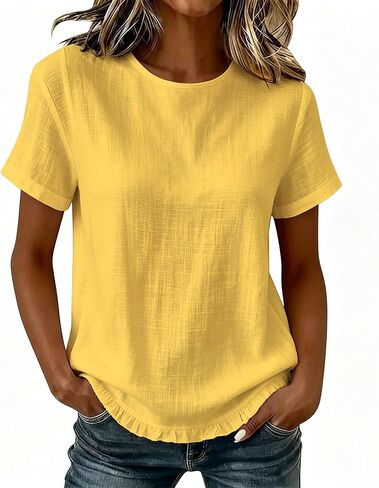 بلوزات الصيف النسائية الكتان العصرية 2026 قمصان الشاش بلوزة قصيرة الأكمام Crewneck تنفس قمصان الشاطئ عطلة تيز in Kuwait