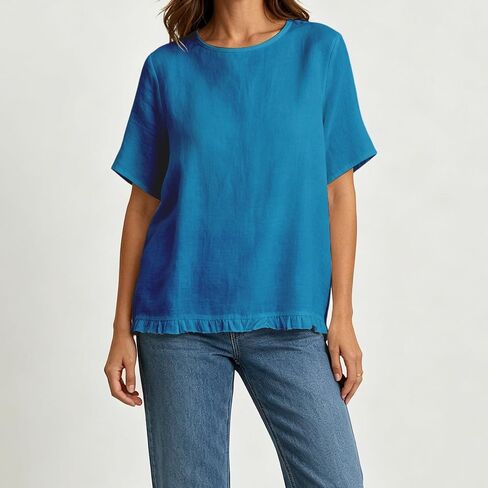 بلوزات الصيف النسائية الكتان العصرية 2026 قمصان الشاش بلوزة قصيرة الأكمام Crewneck تنفس قمصان الشاطئ عطلة تيز in Kuwait