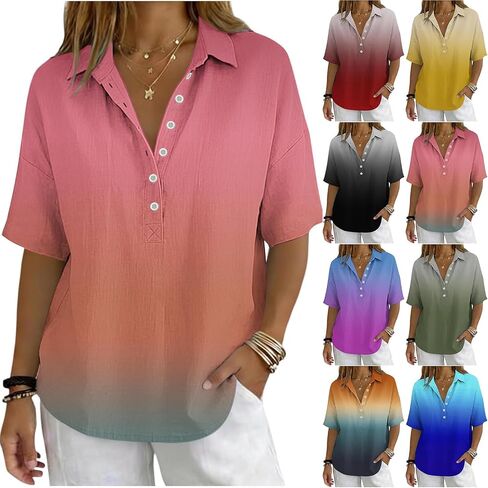 Gradient Cotton Linen Tops for Women 2026 Half Sleeve V Neck Henley Shirt Casual Gauze Blouses Late Summer Early Fall in Saudi Arabia