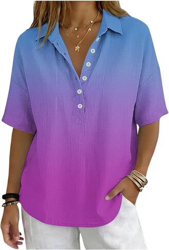 Gradient Cotton Linen Tops for Women 2026 Half Sleeve V Neck Henley Shirt Casual Gauze Blouses Late Summer Early Fall in Kuwait