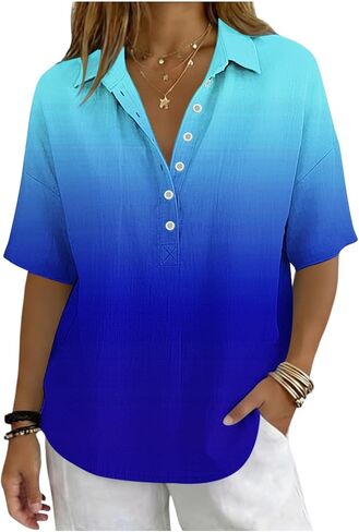Gradient Cotton Linen Tops for Women 2026 Half Sleeve V Neck Henley Shirt Casual Gauze Blouses Late Summer Early Fall in Kuwait