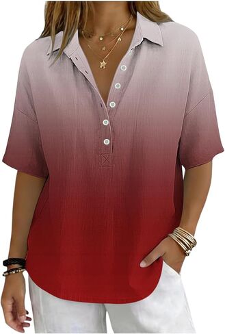 Gradient Cotton Linen Tops for Women 2026 Half Sleeve V Neck Henley Shirt Casual Gauze Blouses Late Summer Early Fall in Kuwait