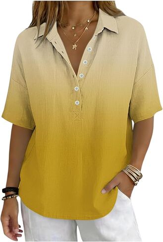 Gradient Cotton Linen Tops for Women 2026 Half Sleeve V Neck Henley Shirt Casual Gauze Blouses Late Summer Early Fall in Kuwait