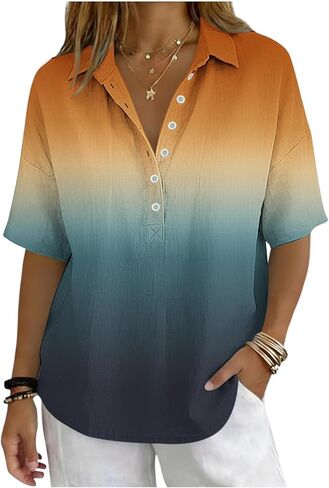 Gradient Cotton Linen Tops for Women 2026 Half Sleeve V Neck Henley Shirt Casual Gauze Blouses Late Summer Early Fall in Kuwait
