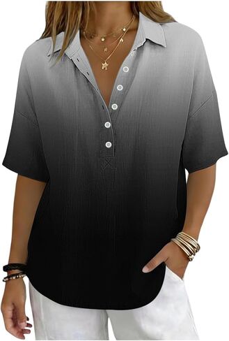 Gradient Cotton Linen Tops for Women 2026 Half Sleeve V Neck Henley Shirt Casual Gauze Blouses Late Summer Early Fall in Kuwait
