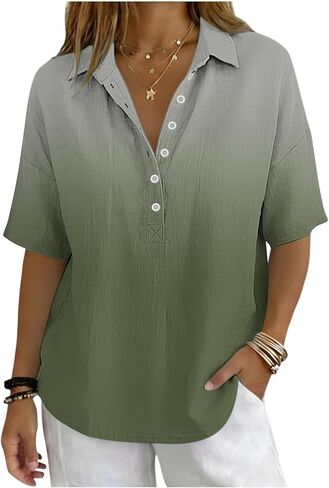Gradient Cotton Linen Tops for Women 2026 Half Sleeve V Neck Henley Shirt Casual Gauze Blouses Late Summer Early Fall in Kuwait