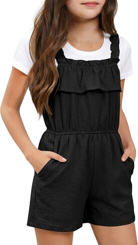 Haloumoning Girls Summer Sleeveless Romper Kids Ruffle Ttrim Elastic Waisted Short Jumpsuits with Pockets 5-14 Years in Kuwait