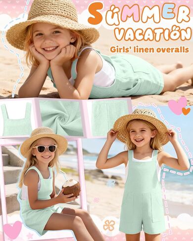 Girl's Rompers Linen Sleeveless Jumpsuits 5-14 Years Overalls Shorts with Pockets Cute Teen Summer Clothes(Mint Green,11-12 Years) in Kuwait