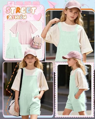 Girl's Rompers Linen Sleeveless Jumpsuits 5-14 Years Overalls Shorts with Pockets Cute Teen Summer Clothes(Mint Green,11-12 Years) in Kuwait