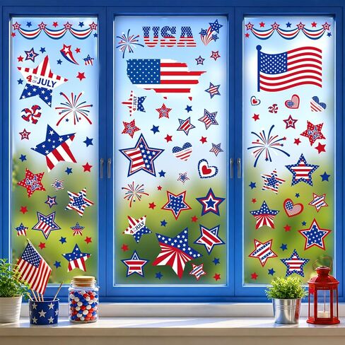 4th of July Window Clings Stickers- 9 Sheet 111 PCS Patriotic Decor Double-Sided Independence Day Decorations, Static Window clings for Glass Windows, Red White&Blue Summer Windows Clings in Kuwait
