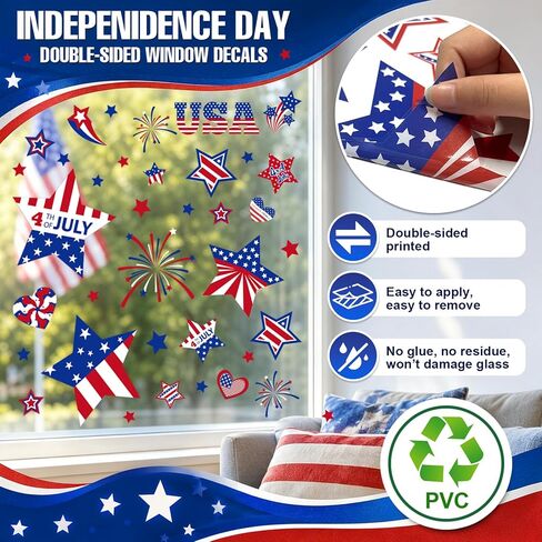 4th of July Window Clings Stickers- 9 Sheet 111 PCS Patriotic Decor Double-Sided Independence Day Decorations, Static Window clings for Glass Windows, Red White&Blue Summer Windows Clings in Kuwait