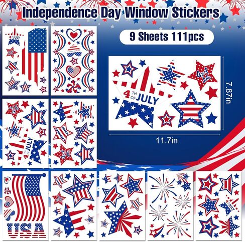 4th of July Window Clings Stickers- 9 Sheet 111 PCS Patriotic Decor Double-Sided Independence Day Decorations, Static Window clings for Glass Windows, Red White&Blue Summer Windows Clings in Kuwait
