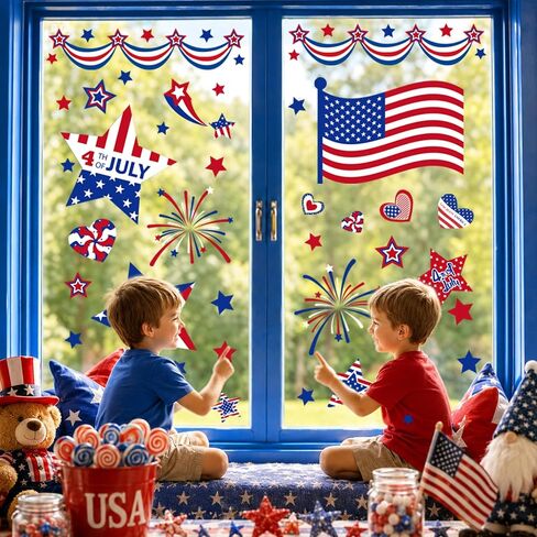 4th of July Window Clings Stickers- 9 Sheet 111 PCS Patriotic Decor Double-Sided Independence Day Decorations, Static Window clings for Glass Windows, Red White&Blue Summer Windows Clings in Kuwait