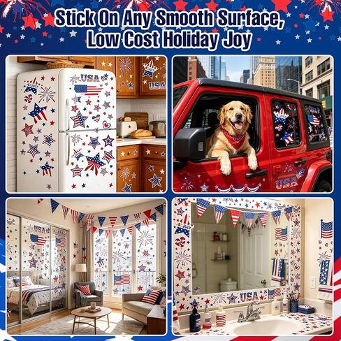 4th of July Window Clings Stickers- 9 Sheet 111 PCS Patriotic Decor Double-Sided Independence Day Decorations, Static Window clings for Glass Windows, Red White&Blue Summer Windows Clings in Kuwait