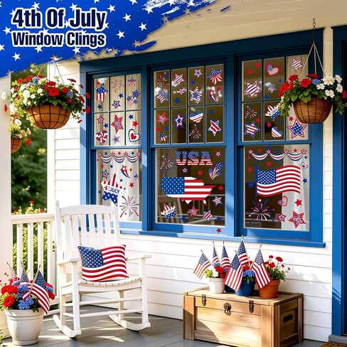 4th of July Window Clings Stickers- 9 Sheet 111 PCS Patriotic Decor Double-Sided Independence Day Decorations, Static Window clings for Glass Windows, Red White&Blue Summer Windows Clings in Kuwait