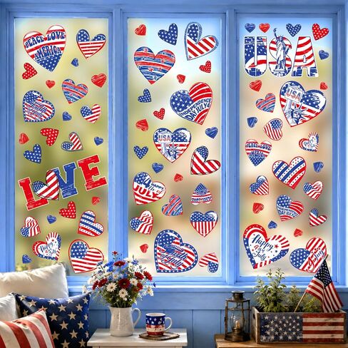 4th of July Window Clings Stickers- 9 Sheet 111 PCS Patriotic Decor Double-Sided Independence Day Decorations, Static Window clings for Glass Windows, Red White&Blue Summer Windows Clings in Saudi Arabia