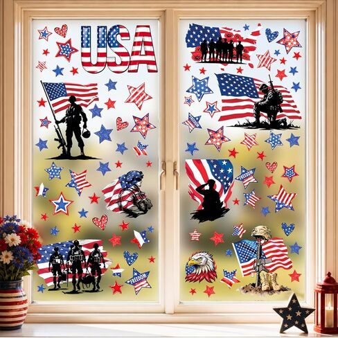 4th of July Window Clings Stickers- 9 Sheet 111 PCS Patriotic Decor Double-Sided Independence Day Decorations, Static Window clings for Glass Windows, Red White&Blue Summer Windows Clings in Kuwait