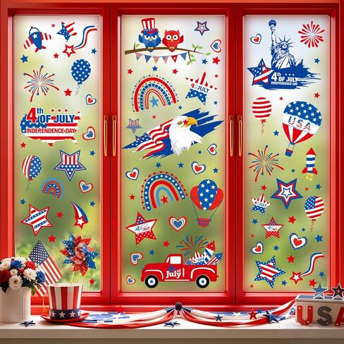 4th of July Window Clings Stickers- 9 Sheet 111 PCS Patriotic Decor Double-Sided Independence Day Decorations, Static Window clings for Glass Windows, Red White&Blue Summer Windows Clings in Kuwait