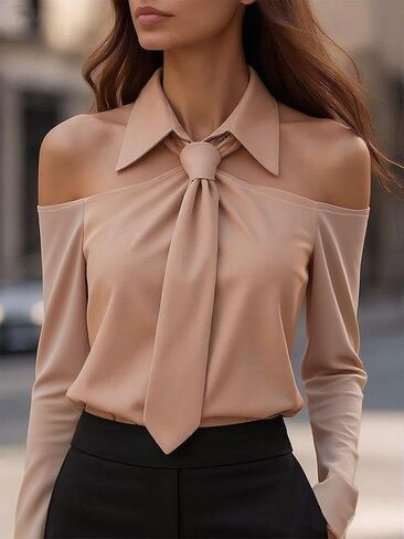 Ladies' Elegant Party and Commute Off-the-Shoulder Long-Sleeved Tie Shirt in Kuwait