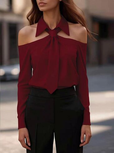 Ladies' Elegant Party and Commute Off-the-Shoulder Long-Sleeved Tie Shirt in Kuwait