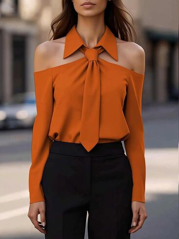 Ladies' Elegant Party and Commute Off-the-Shoulder Long-Sleeved Tie Shirt in Kuwait