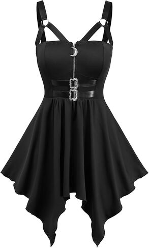 DRESSFO Womens Renaissance Peasant Blouse Gothic Rose Twist Ruched Asymmetrical Buckles Tank Top in Kuwait