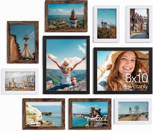 Vittanly 10 Pack Picture Frames Collage Wall Decor, Gallery Wall Frame Set for Wall or Tabletop Display, Engineered Wood and Shatter-resistant Plexiglass, Multi Sizes with 8x10, 5x7, 4x6 Frames, Black in Saudi Arabia