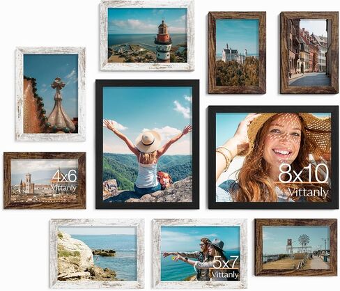 Vittanly 10 Pack Picture Frames Collage Wall Decor, Gallery Wall Frame Set for Wall or Tabletop Display, Engineered Wood and Shatter-resistant Plexiglass, Multi Sizes with 8x10, 5x7, 4x6 Frames, Black in Saudi Arabia