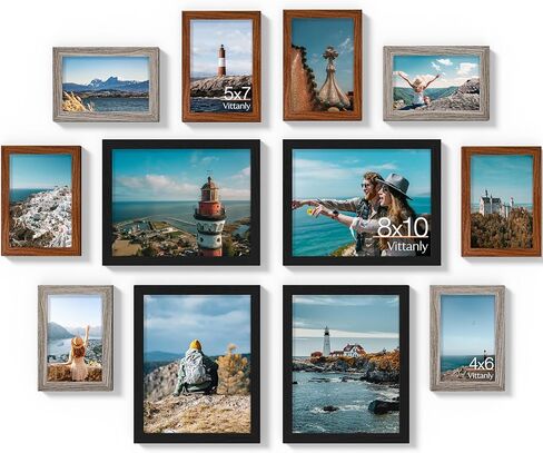 Vittanly 10 Pack Picture Frames Collage Wall Decor, Gallery Wall Frame Set for Wall or Tabletop Display, Engineered Wood and Shatter-resistant Plexiglass, Multi Sizes with 8x10, 5x7, 4x6 Frames, Black in Saudi Arabia