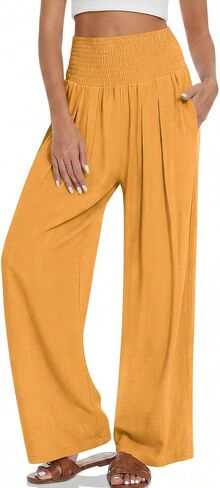 Women Wide Leg Casual Pants High Waist Palazzo Pants Summer Lounge Trousers with Pockets in Kuwait