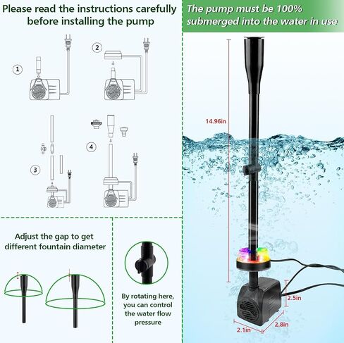 15W 800L/H Submersible Pond Fountain Pump with LED Lights, Ultra Quiet Water Pump, Pond Fountain Pumps for Small Pond, Koi, Garden, Fish Tanks, Aquariums, Indoor Outdoor Fountain 3 Type Nozzles in Saudi Arabia