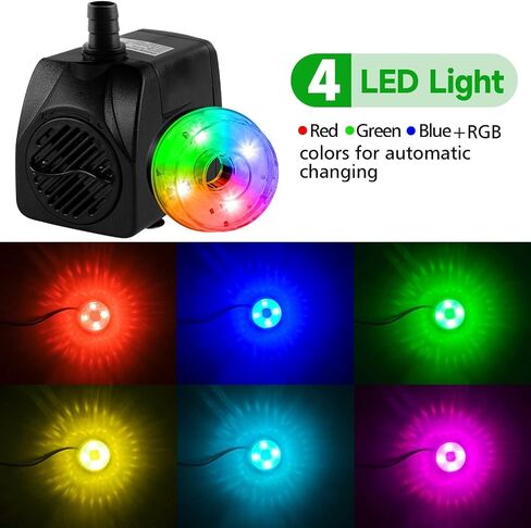 15W 800L/H Submersible Pond Fountain Pump with LED Lights, Ultra Quiet Water Pump, Pond Fountain Pumps for Small Pond, Koi, Garden, Fish Tanks, Aquariums, Indoor Outdoor Fountain 3 Type Nozzles in Saudi Arabia