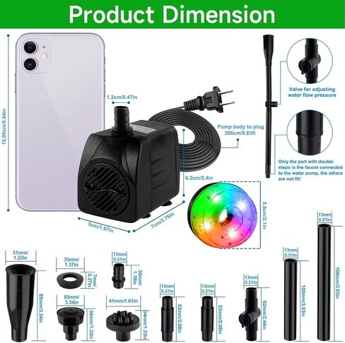 15W 800L/H Submersible Pond Fountain Pump with LED Lights, Ultra Quiet Water Pump, Pond Fountain Pumps for Small Pond, Koi, Garden, Fish Tanks, Aquariums, Indoor Outdoor Fountain 3 Type Nozzles in Saudi Arabia