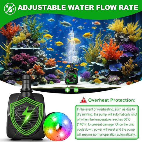 15W 800L/H Submersible Pond Fountain Pump with LED Lights, Ultra Quiet Water Pump, Pond Fountain Pumps for Small Pond, Koi, Garden, Fish Tanks, Aquariums, Indoor Outdoor Fountain 3 Type Nozzles in Saudi Arabia