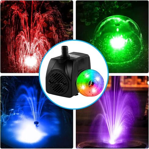 15W 800L/H Submersible Pond Fountain Pump with LED Lights, Ultra Quiet Water Pump, Pond Fountain Pumps for Small Pond, Koi, Garden, Fish Tanks, Aquariums, Indoor Outdoor Fountain 3 Type Nozzles in Saudi Arabia