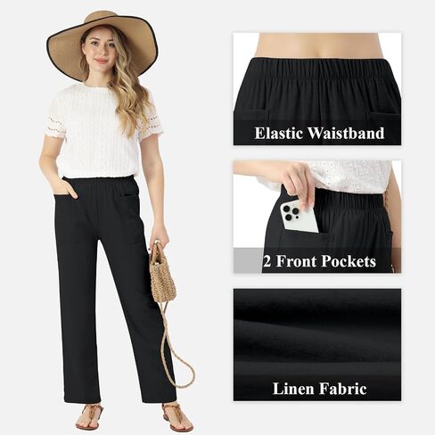 keriffe Linen Casual Pants for Women High Waist Elastic Summer Beach Vacation Outfits with Pockets in Saudi Arabia