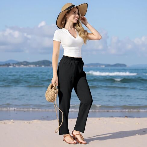 keriffe Linen Casual Pants for Women High Waist Elastic Summer Beach Vacation Outfits with Pockets in Saudi Arabia